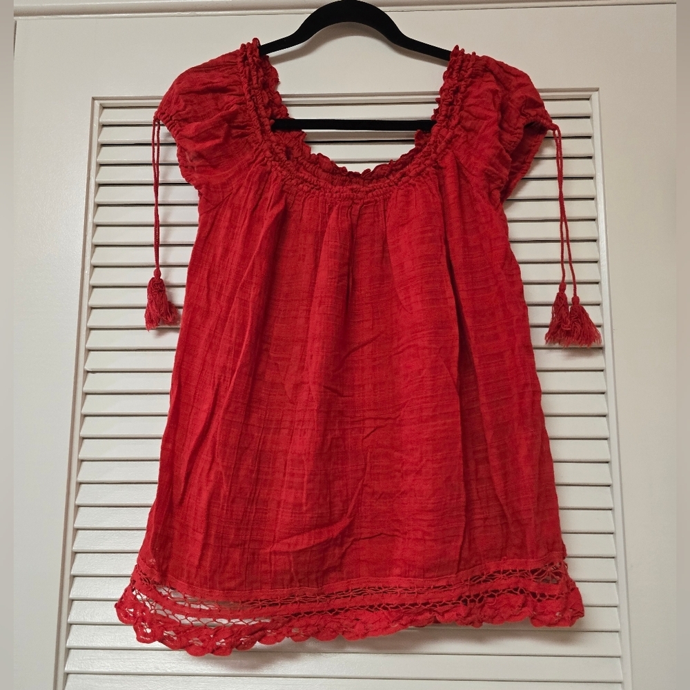 Max Edition - Red 100% Cotton Short-Sleeve Top W Crochet-Knit Lace Hem